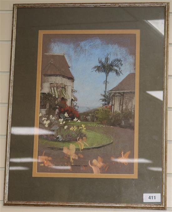 Jean Hervey de Gale, pastel, Church and garden, Montrose 1966, signed, 43 x 29cm